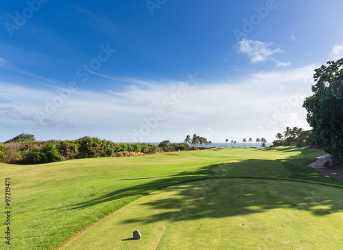 Golf tee marker on fairway overlooking ocean in Lihue Kauai