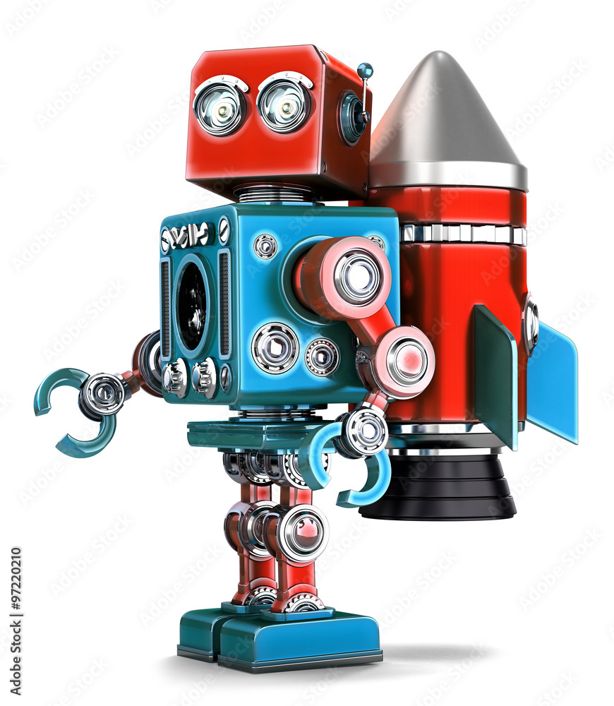 Retro Robot with rocket jetpack. Isolated. Contains clipping path Retro Robot with rocket jetpack. Isolated. Contains clipping path