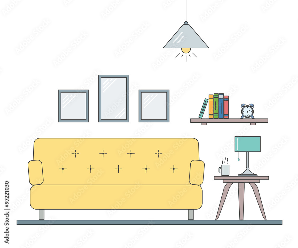 Fototapeta premium Modern interior design of living room in outline the flat style. Concept for website or infographic
