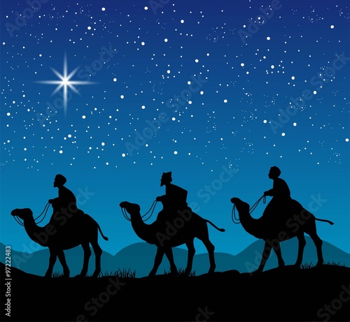 Christian Christmas scene with the three wise men and shining star, illustration photo