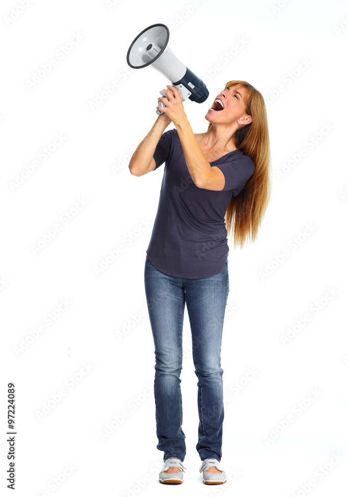 Naklejka premium Happy woman talking in megaphone.