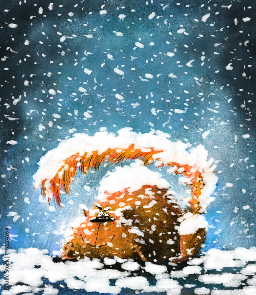 Fototapeta premium Fat Cat Lying In the Snowdrift