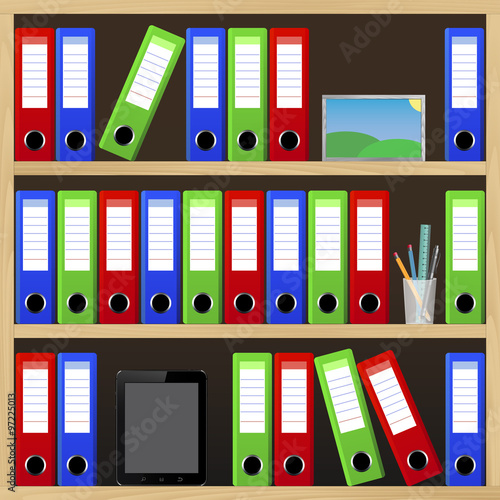File folders standing on the shelves at office. Vector