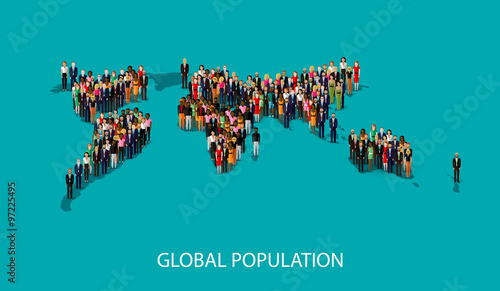 vector flat illustration of people standing on the world global 