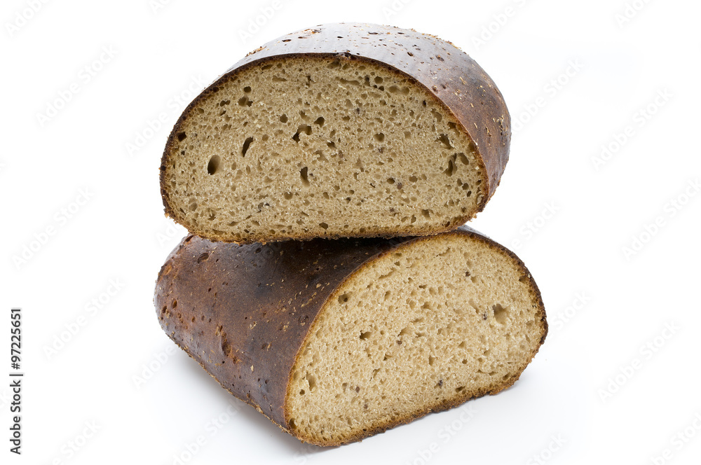 Dark rue bread on a white background. Dark rue bread on a white background.