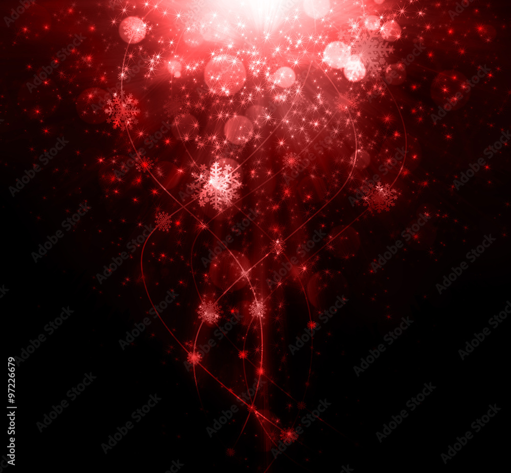 Fototapeta Snowflakes and stars shining descending on red background. Christmas star