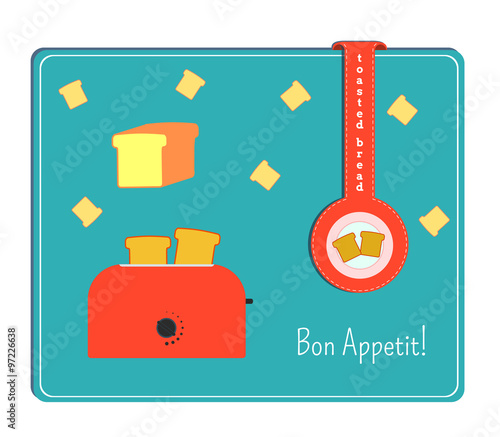 The card with the image of sturgeon and slices of bread. Label with a plate with toasted bread