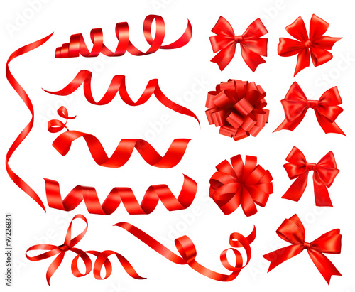 Big set of red gift bows with ribbons. Vector illustration.