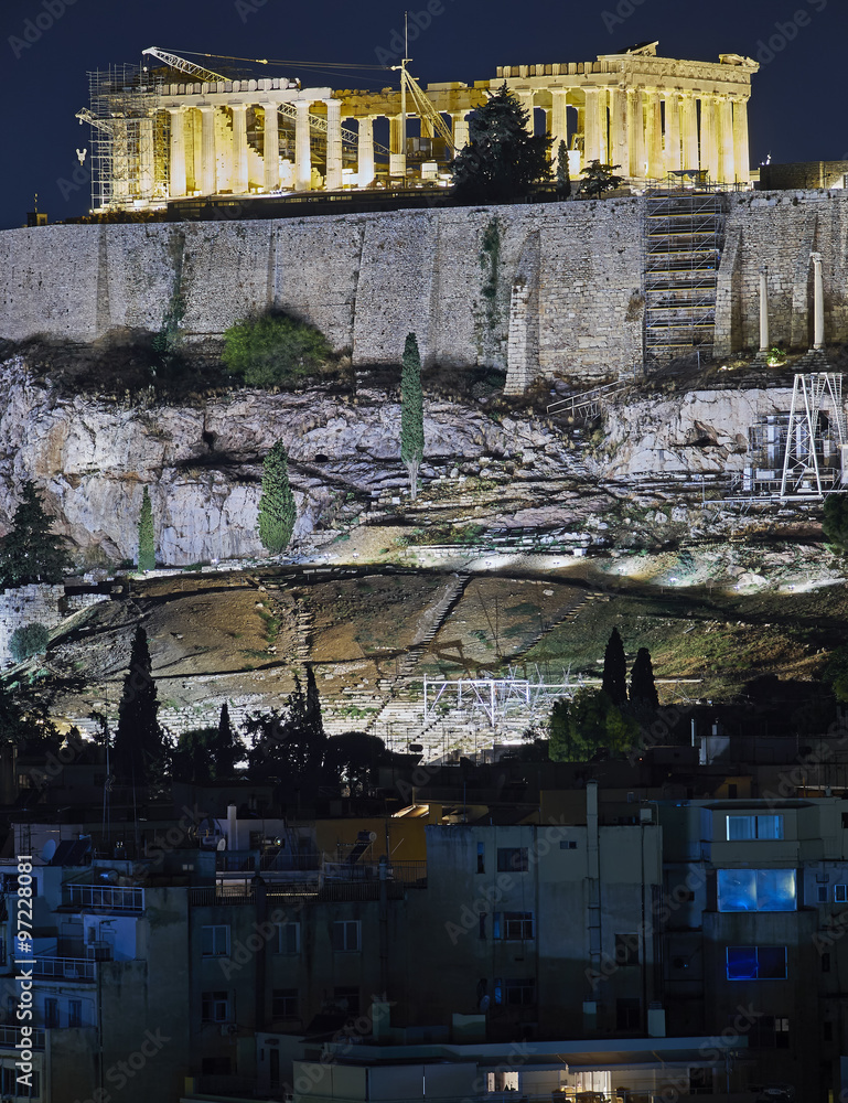 Athens, Greece, night view of Parthenon temple on Acropolis hill