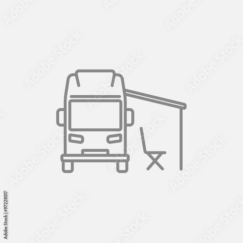Motorhome with tent line icon.