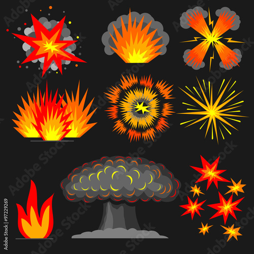 Set cartoon explosions. Set of various cartoon explosions, fire outbreaks reactions. 