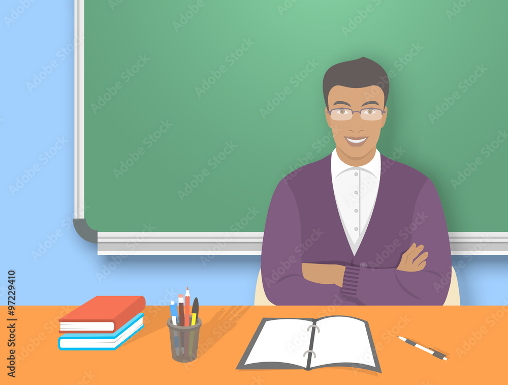 School teacher at desk flat education vector illustration. Young smiling african american man teacher sitting at table with school supplies in front of blackboard. Studying, learning concept School teacher at desk flat education vector illustration. Young smiling african american man teacher sitting at table with school supplies in front of blackboard. Studying, learning concept
