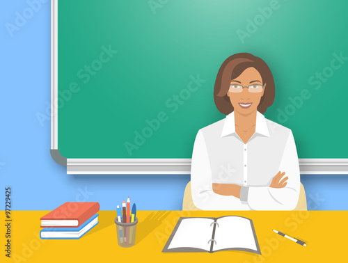 School teacher at desk flat education vector illustration. Young smiling african american woman teacher sitting at table with school supplies in front of blackboard. Studying, learning concept