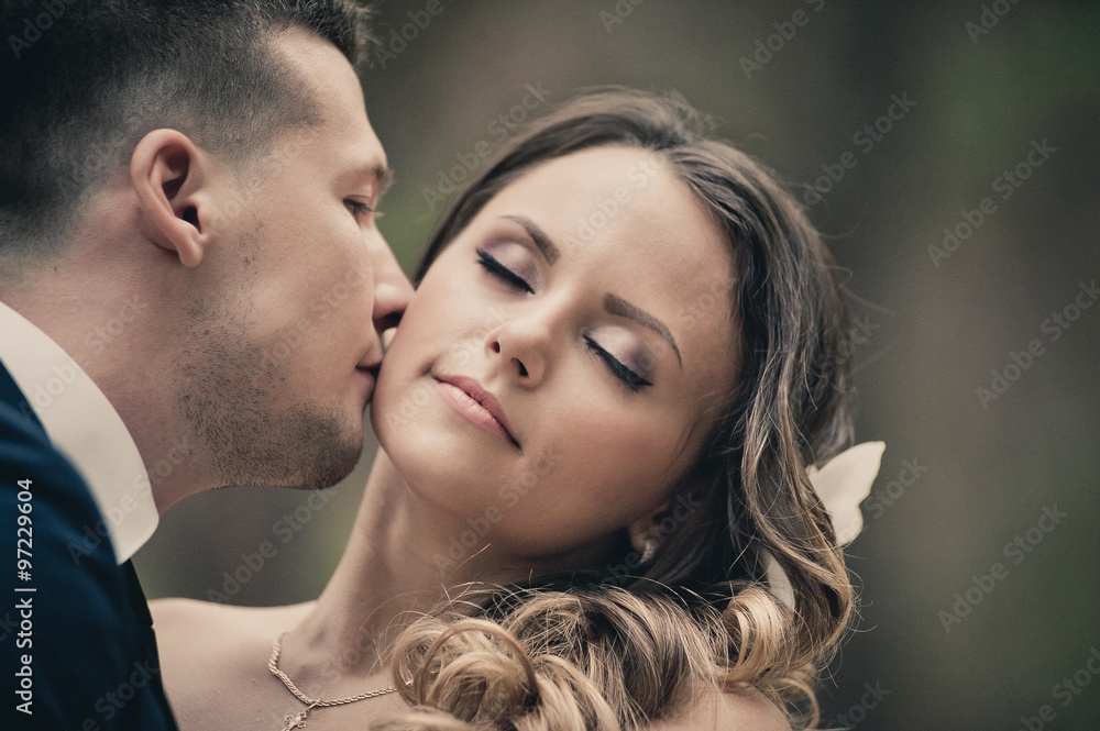 Groom kiss bride's cheek. bride and groom Groom kiss bride's cheek. bride and groom
