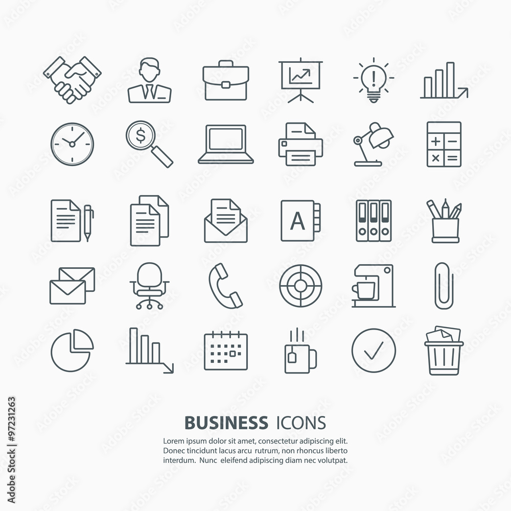 Outline business and office icons set. Vector illustration.