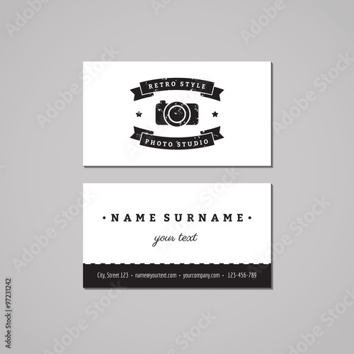 Photo studio business card design concept. Photo studio logo with photo camera, stars and ribbon. Vintage, hipster and retro style. Black and white.