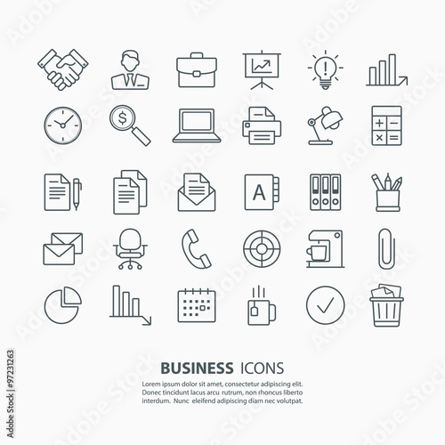 Outline business and office icons set. Vector illustration.