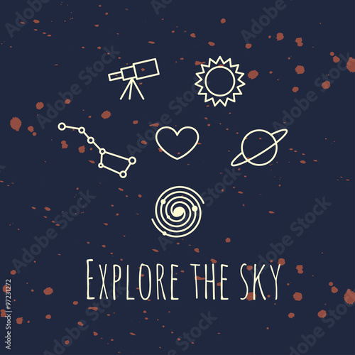 Illustration of heart and astronomic objects with phrase - explore the sky