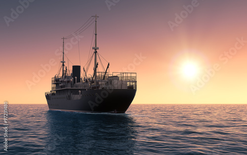 Cargo Ship Against The Evening Sky