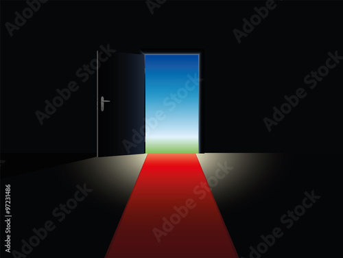 Freedom symbolized with a red carpet leading to an open door.