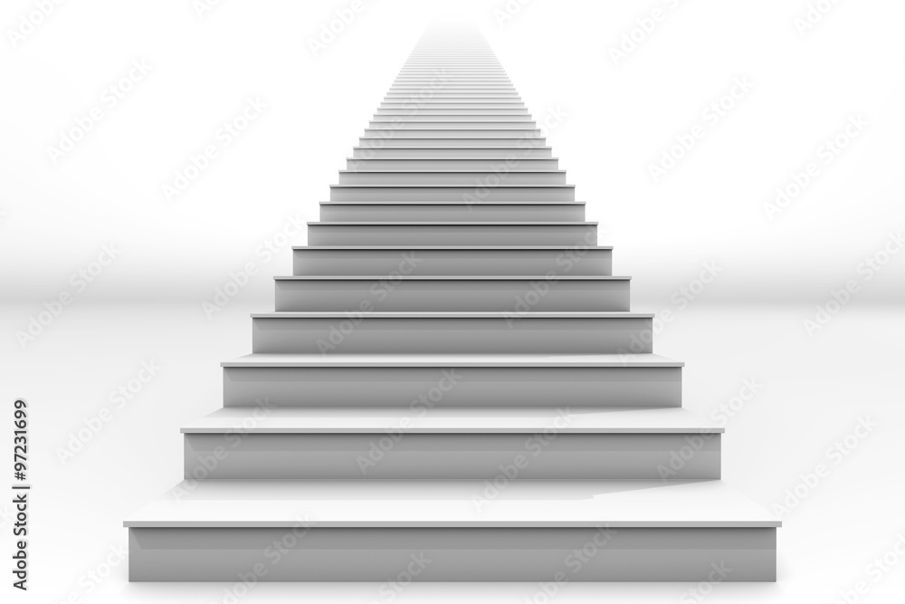 Tall White Straight Staircase on White Background - obrazy, fototapety, plakaty 