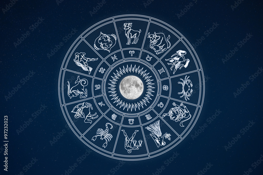 Obraz premium Horoscope wheel of zodiac signs in dark sky
