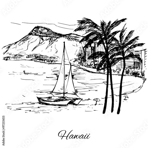 Hand drawn sail ner the island Hawaii