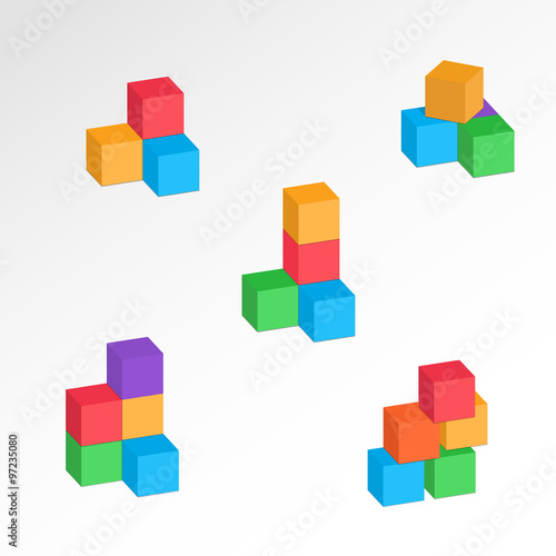Set of 3d cube combinations. Compositions of tree, five blocks. Association, union, join, building, logo, project, game symbol. Colorful icons with shadow. Infographic elements. Vector
