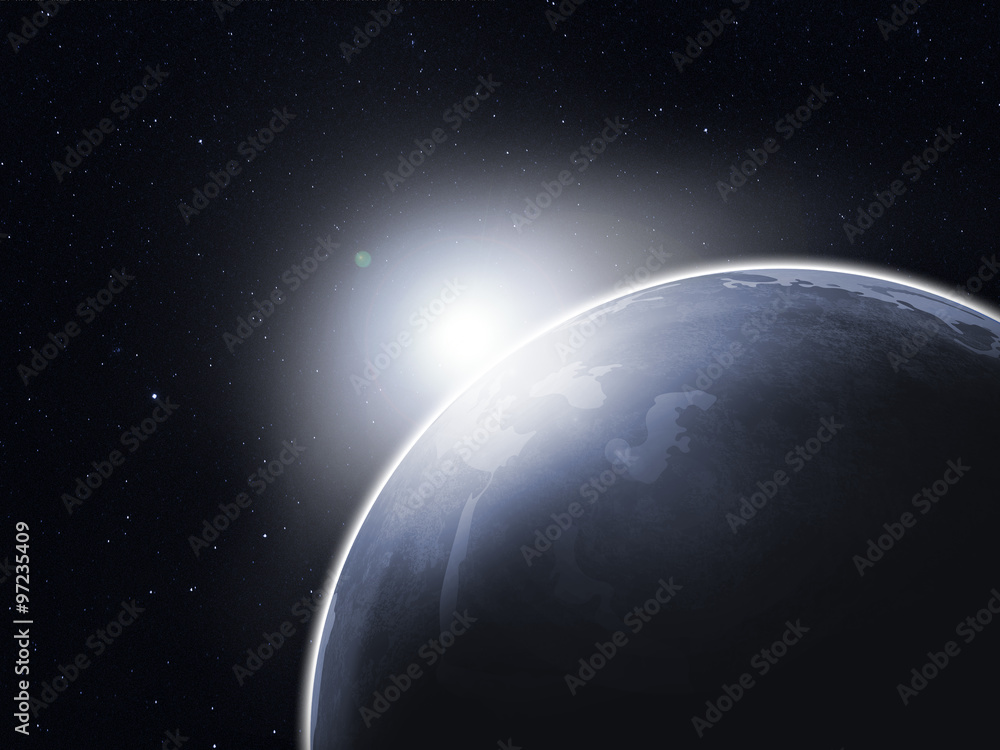 Planet earth with sun rising from space, vector image Stock ...