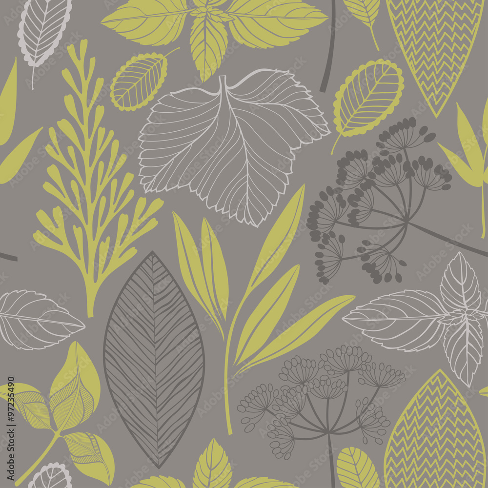 Abstract floral seamless pattern. Vector background 
with different leaves