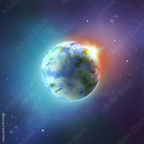 Fototapeta Naklejka Na Ścianę i Meble -  Planet earth with sun rising from space, vector image