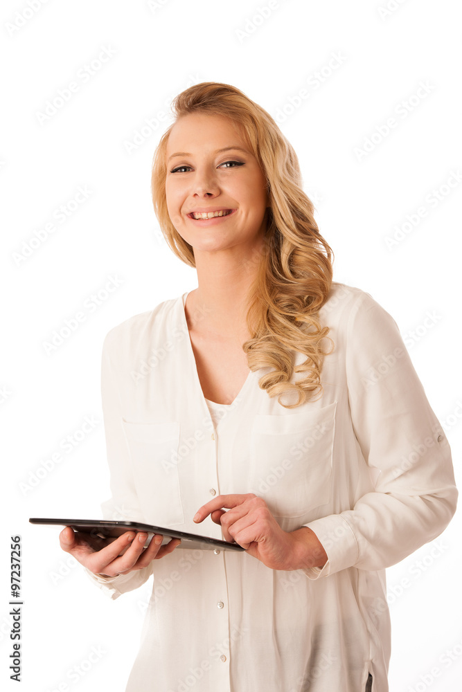 Beautiful young caucasian woman holding a tablet in her hand iso Beautiful young caucasian woman holding a tablet in her hand iso