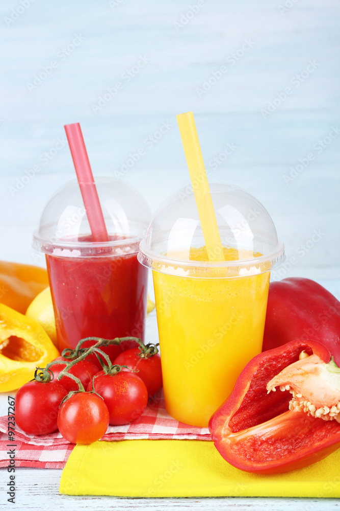 Fresh juice mix fruit and vegetables, healthy drinks on wooden table background Fresh juice mix fruit and vegetables, healthy drinks on wooden table background