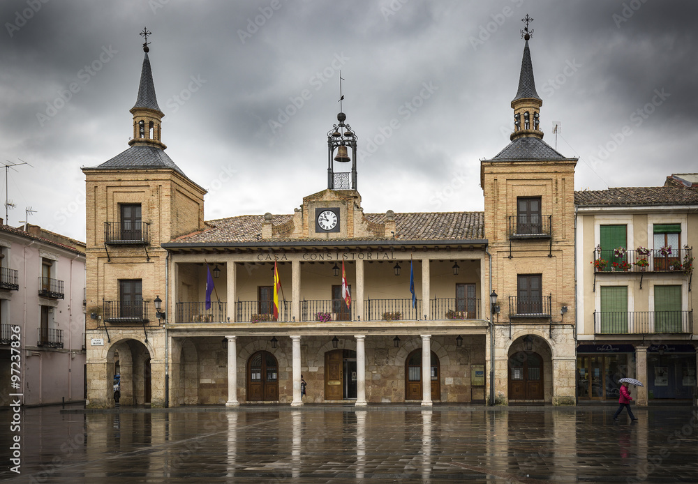Ayuntamiento Burgo de Osma on a rainy day, Soria, Spain