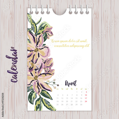 2016 Cute romantic Calendar with vintage flowers. Vector illustration