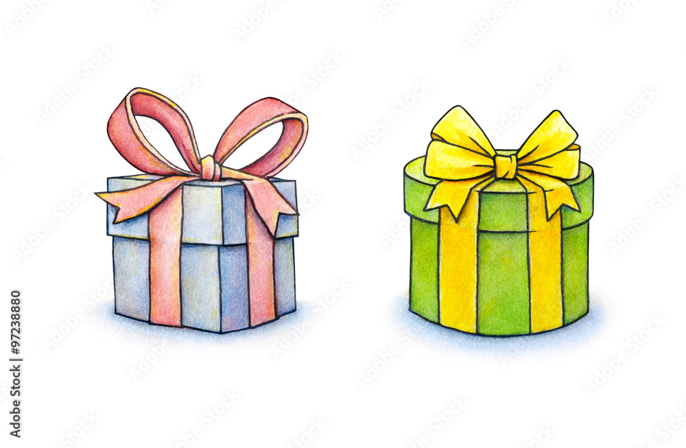 Set of colorful gift boxes with bows and ribbons isolated on white background. Watercolor lovely illustration. Handwork Set of colorful gift boxes with bows and ribbons isolated on white background. Watercolor lovely illustration. Handwork