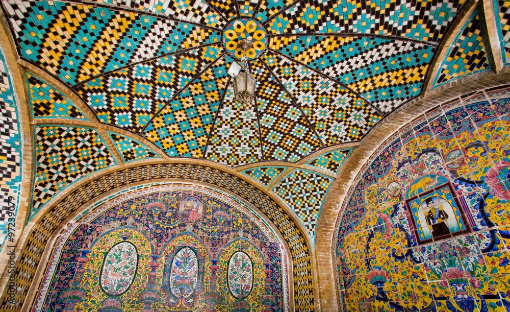 Colorful tiled ceiling of the historical terrace in the Qajar royal dinasty Golestan Palace, Tehran