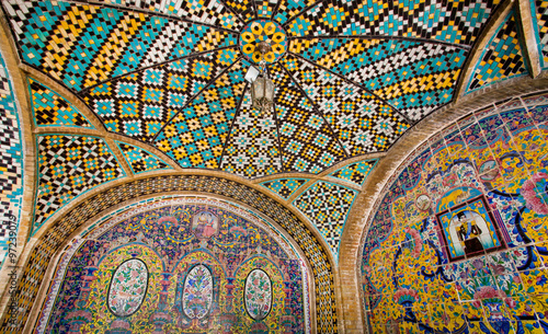 Colorful tiled ceiling of the historical terrace in the Qajar royal dinasty Golestan Palace, Tehran photo
