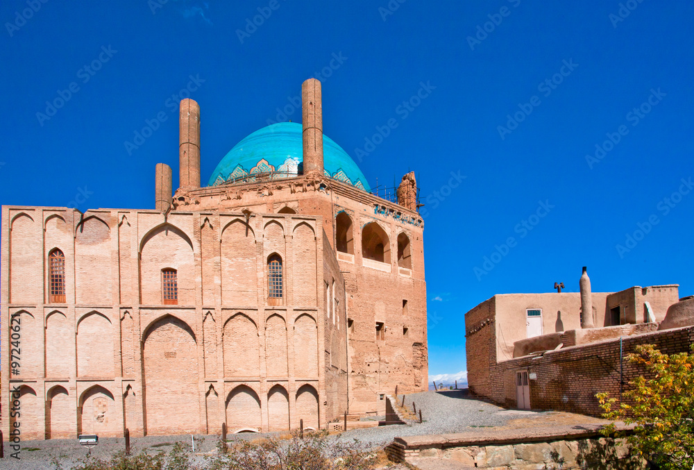 Historical brick walls and minarets of mausoleum Dome of Soltaniyeh became the UNESCO World Heritage site. Iran.