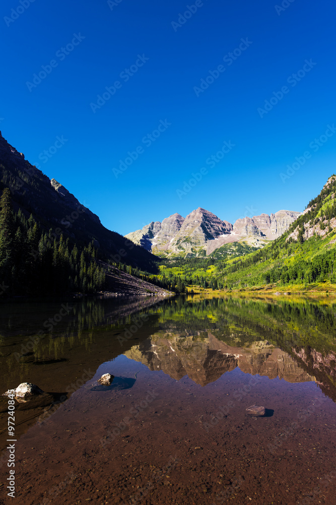 Maroon Bells with Lake in Fall