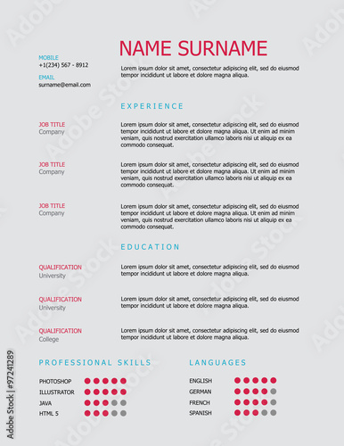Professional simple styled resume template design with pink and blue headings on a grey background © winterbee