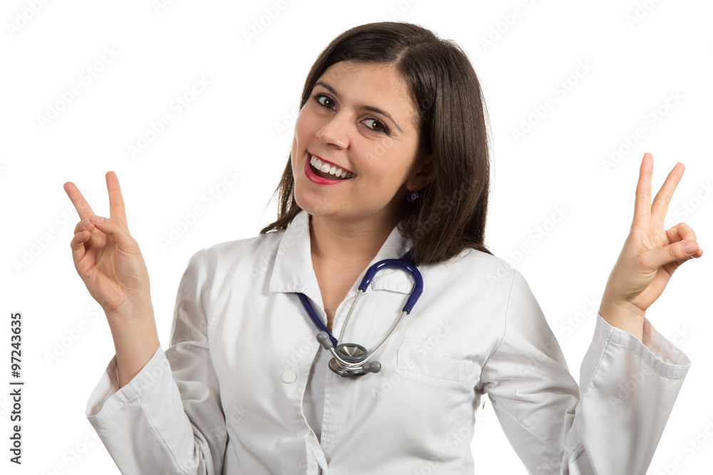 Portrait of young beautiful female doctor celebrating success Portrait of young beautiful female doctor celebrating success