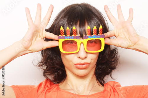 happy woman with big orange sunglasses