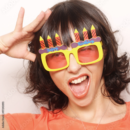 happy woman with big orange sunglasses