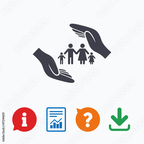 Family life insurance sign icon. Hands protect.