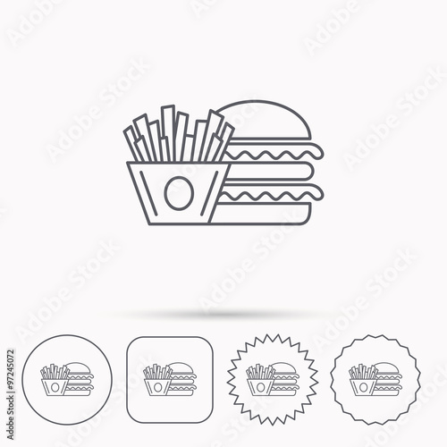 Burger and fries icon. Chips, sandwich sign.