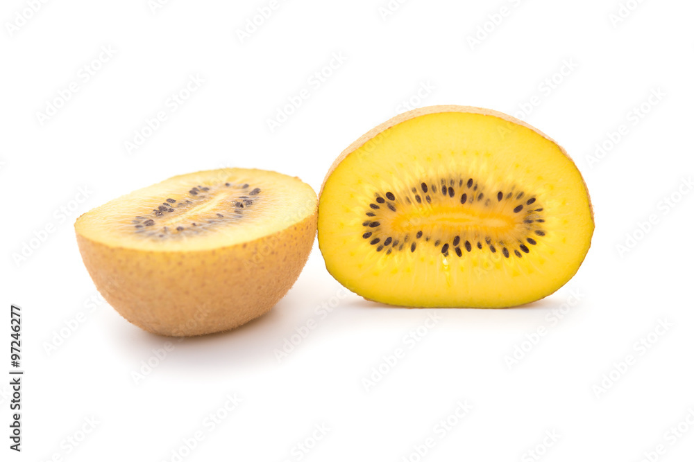 golden fresh kiwi fruit sections on a white background