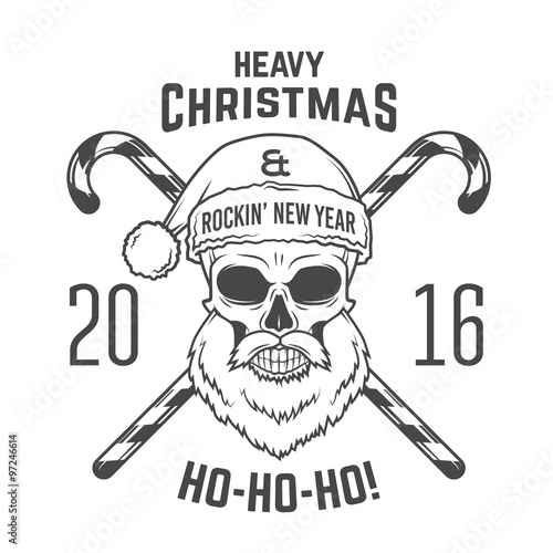 Bad Santa Claus biker with candy cones print design. Vintage Heavy metal Christmas portrait. Rock and roll 2016 new year t-shirt illustration