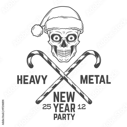 Crazy Santa Claus biker with candy cones logo insignia design. Vintage Heavy metal party Christmas logo badge. Rock and roll new year t-shirt illustration