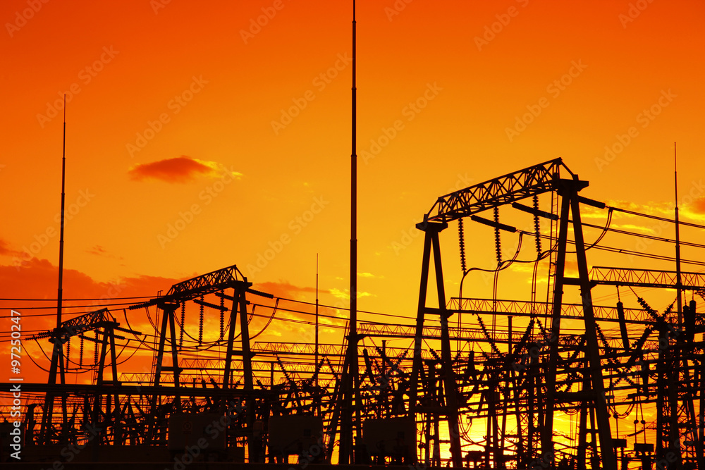 The silhouette of high voltage substations